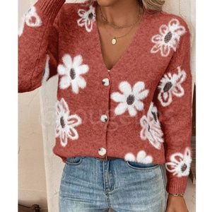 Redwood Cardigan Knit Flower Textured Button Front Stretchy, Soft